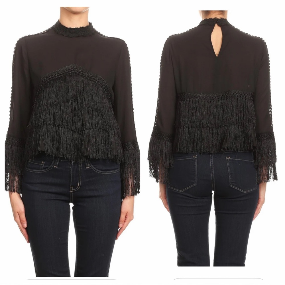 FT INC Layered Fringe Ladder Sleeves Party Black Top size 1X NWOT Womens